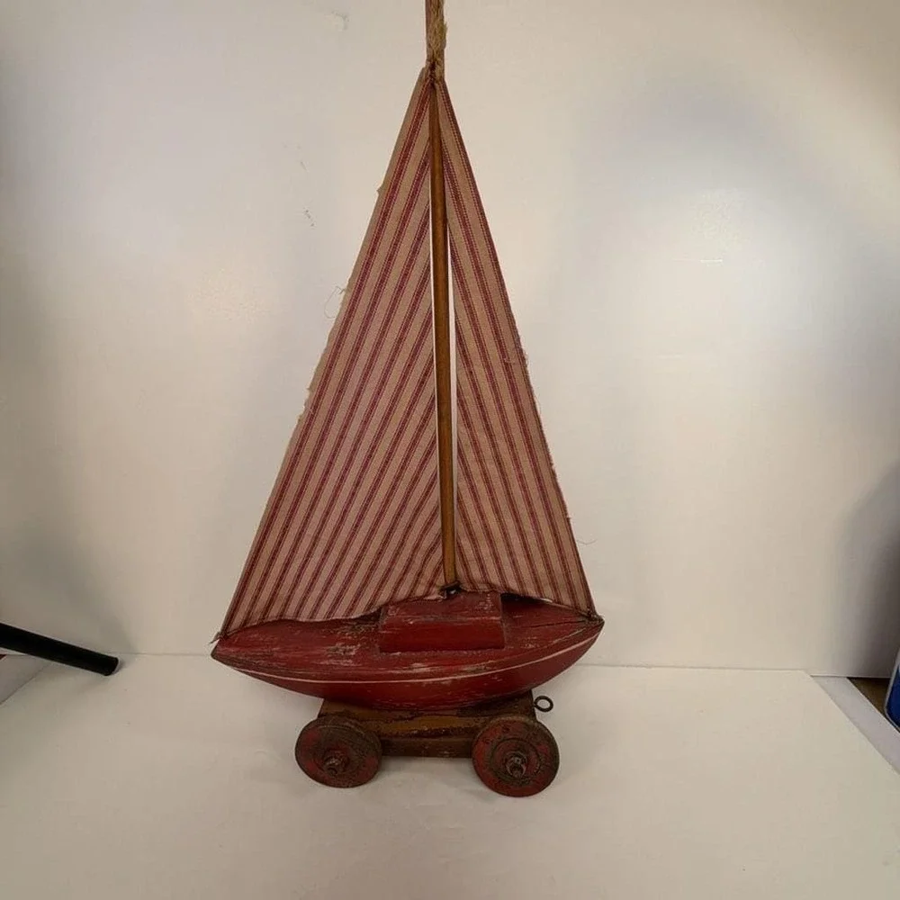 The Backtime Co. American Folk Art Handmade Wooden Sailboat Pond Boat Toy